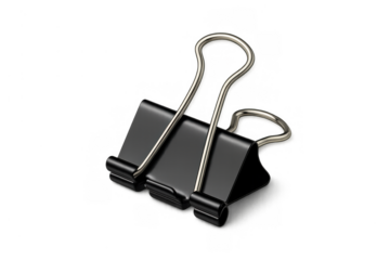 Black binder clip securing documents, office supply for organization and business applications, transparent background