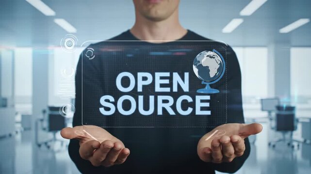 Businessman Presents Open Source Technology on a Virtual Holographic Interface.