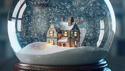 Cozy Miniature House Inside a Sparkling Christmas Snow Globe with Falling Snow