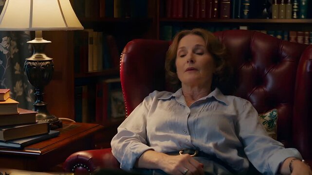 Exhausted woman finding brief respite in a cozy, dimly lit study, bathed in the warm glow of a desk lamp, conveying profound weariness.