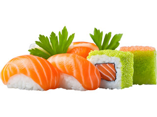 Fresh sushi set with salmon, avocado, and rice isolated on transparent background, ideal for Japanese cuisine and food branding visuals.