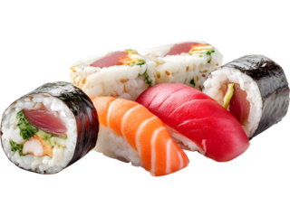 Fresh sushi set with salmon, avocado, and rice isolated on transparent background, ideal for Japanese cuisine and food branding visuals.