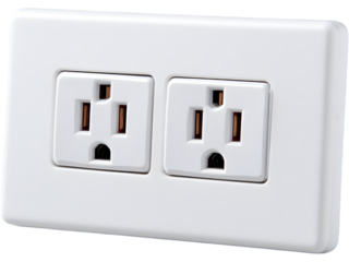 White triple electrical outlet socket isolated on transparent background, perfect for interior design, energy, or home appliance visuals.