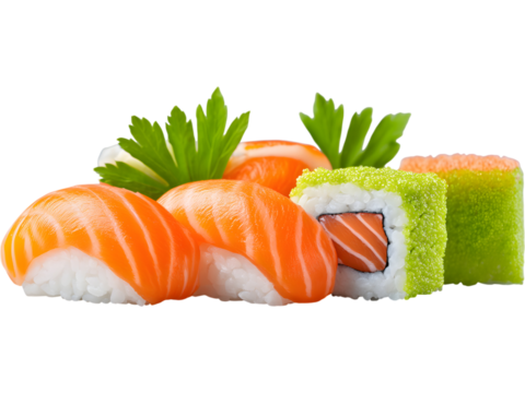 Fresh sushi set with salmon, avocado, and rice isolated on transparent background, ideal for Japanese cuisine and food branding visuals.