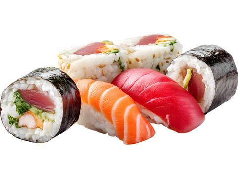 Fresh sushi set with salmon, avocado, and rice isolated on transparent background, ideal for Japanese cuisine and food branding visuals.