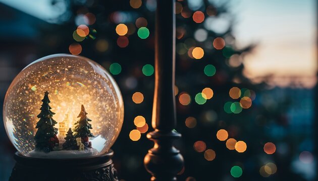 Cozy Christmas Snow Globe with Twinkling Tree Bokeh Lights Background - Powered by Adobe