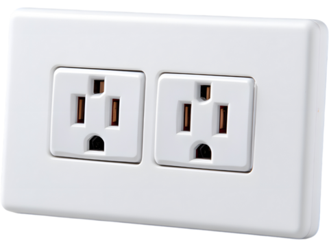 White triple electrical outlet socket isolated on transparent background, perfect for interior design, energy, or home appliance visuals.