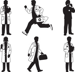 Silhouette illustrations of doctors in various poses including running talking on the phone and holding medical bags and stethoscopes in black and white