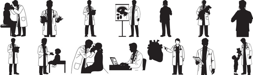Doctors and healthcare professionals in various medical settings providing care and consultation to patients with medical equipment and anatomical models