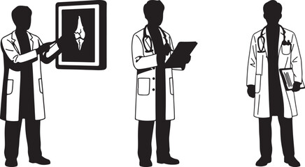 Three doctors in lab coats examine xray and medical records in a clinical setting for healthcare and medical professionals