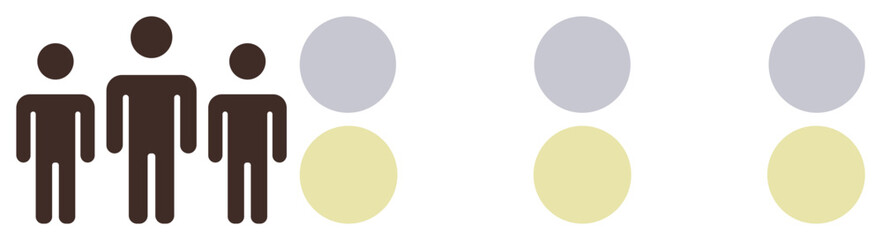 Three human figures standing together beside paired circles. Ideal for teamwork, unity, balance, collaboration, organization, human connection, and diversity. A simple flat metaphor