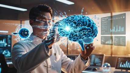 A scientist interacts with a holographic brain, illustrating advanced research in neuroscience. The scientist examines the glowing brain and the surrounding graphics to gain new in - Powered by Adobe
