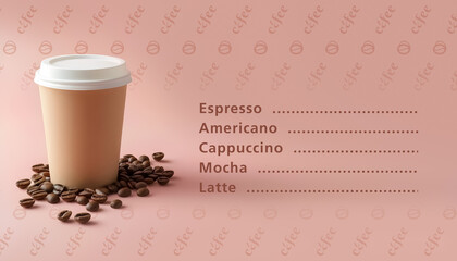 A disposable coffee cup with coffee beans on a pink background. A ready-made background for menu design.