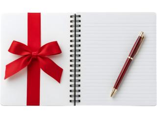 Blank notebook with red ribbon bow and elegant pen isolated on transparent background, ideal for holiday planning or gift design.