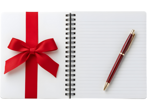 Blank notebook with red ribbon bow and elegant pen isolated on transparent background, ideal for holiday planning or gift design. - Powered by Adobe