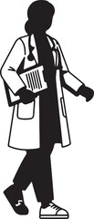 Silhouette of a doctor in a lab coat holding a clipboard walking with confidence and purpose in a medical setting ready to help patients