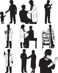 Black and white silhouette illustration of doctors and medical professionals in various healthcare settings providing patient care and treatment