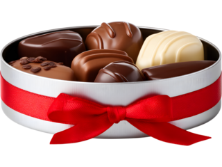 Box of assorted chocolates wrapped with red ribbon isolated on transparent background, great for Valentine’s or holiday visuals.