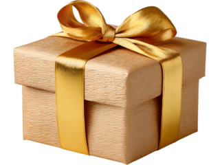 Christmas gift box wrapped in kraft paper with shiny golden ribbon and bow isolated on transparent background, ideal for festive design.