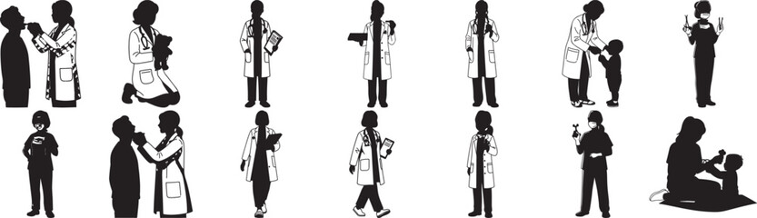 Silhouette illustrations of doctors and patients in various medical scenarios perfect for healthcare websites and educational materials