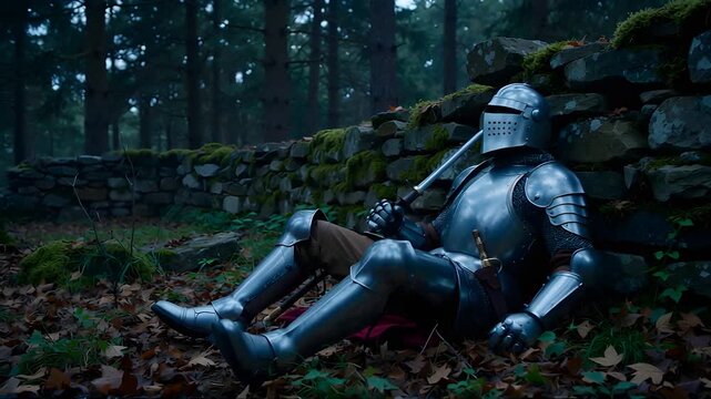 The Weary Knight's Solitary Respite in a Moonlit, Ancient Forest Clearing.
