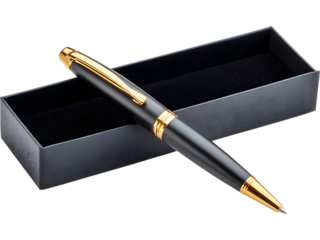 Elegant luxury pen with golden accents presented in a black box isolated on transparent background, great for premium branding and mockups.