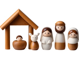 Wooden nativity scene with Mary, Joseph, and baby Jesus isolated on transparent background, ideal for Christmas and spiritual visuals.