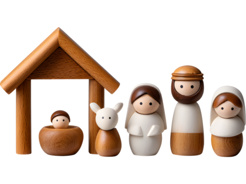 Wooden nativity scene with Mary, Joseph, and baby Jesus isolated on transparent background, ideal for Christmas and spiritual visuals.