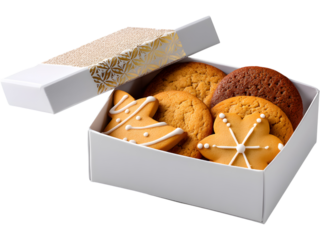 Open white box filled with assorted cookies and gingerbread isolated on transparent background, ideal for festive food and holiday visuals.