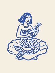 Naklejka premium Mermaid playing ukulele hand-drawn sketch vector illustration