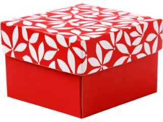 Square red holiday gift box with white geometric pattern isolated on transparent background, perfect for Christmas packaging and design mockups.