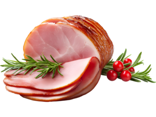 Slices of honey-glazed Christmas ham with rosemary isolated on transparent background, perfect for festive food and holiday meal designs.