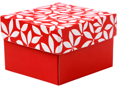 Square red holiday gift box with white geometric pattern isolated on transparent background, perfect for Christmas packaging and design mockups.
