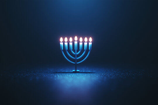 Minimalist Hanukkah design banner with glowing blue menorah and candles, elegant modern greeting card for Jewish festival of lights