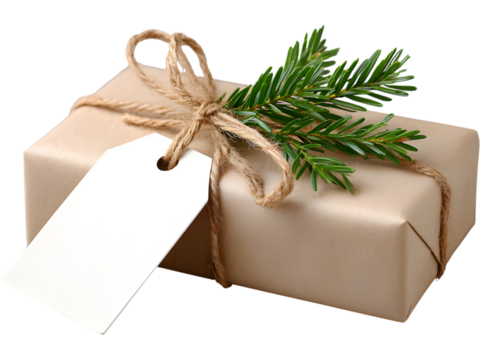 Kraft paper wrapped gift with pine branch and label tag isolated on transparent background, ideal for eco holiday or minimalist mockups.