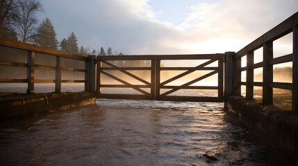 A wooden farm gate stands over flowing water at sunrise with mist illuminated by golden light