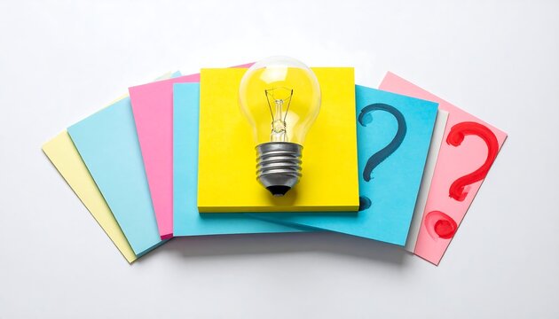 Lightbulb rests atop colorful stack of square sticky notes, two adorned with red/blue question marks, on white background