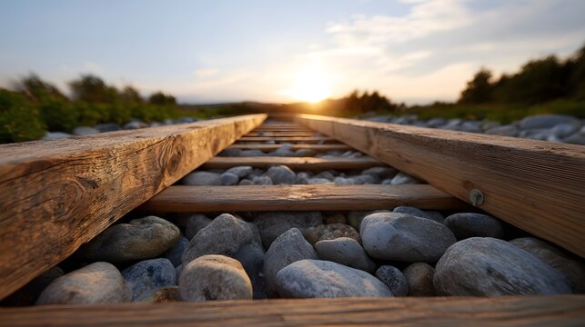 Wooden railway tracks on ballast stones lead into a vibrant sunset symbolizing journey and progress in a natural setting