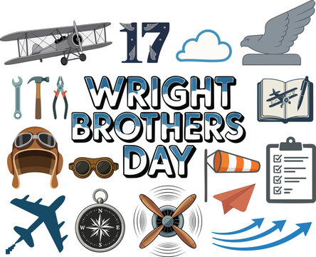 A collection of vintage aviation elements and icons celebrating Wright Brothers Day on a white background.