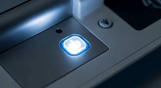 Close-Up of Electronic Device Power Button with Soft Blue Glow for Technology and Electronics Themes