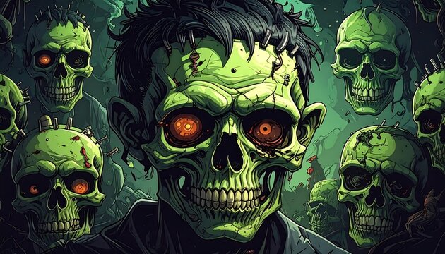 Grim green-toned monster with orange glowing eyes surrounded by skulls, set against a dark forest background