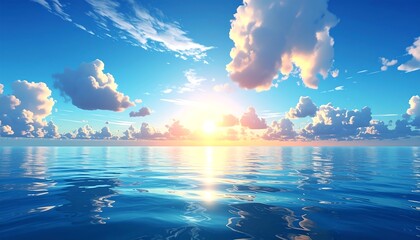 Serene Ocean View with Clouds and Sunlight Reflection.