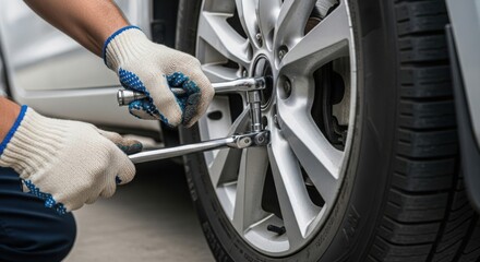 Changing car tire by mechanic wearing gloves, as he loosens lug nuts, for replacement. Changing car tire demands skill, as he wrenches fasteners, ensuring wheel safety.