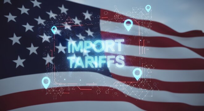 United states import tariffs digital overlay on american flag