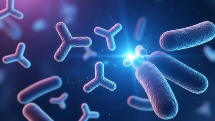 Close-Up of Human Hand Interacting with Floating Y-Shaped Bacteria and Microorganisms in Digital Science Illustration