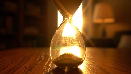 An hourglass sits on a wooden table, with the warm sunlight streaming through it, illuminating the flowing sand. The hourglass captures the passage of time and the essence of momen - Powered by Adobe