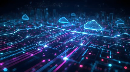 Data stream glowing in cyber blue colors between a data center and modern cloud computing system