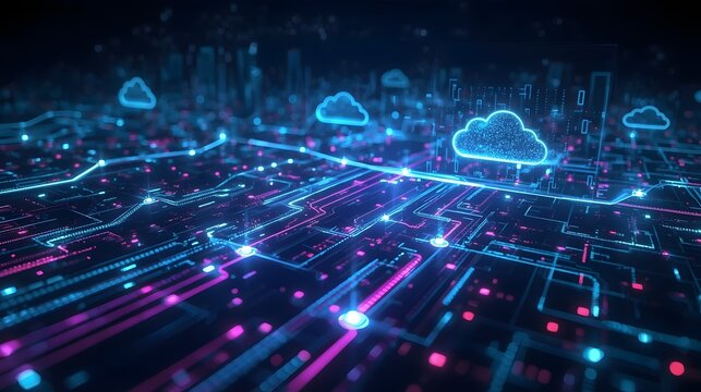 Data stream glowing in cyber blue colors between a data center and modern cloud computing system - Powered by Adobe