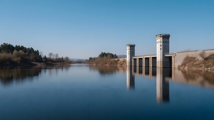 A serene reservoir with a prominent concrete dam structure featuring two towers under a clear blue sky