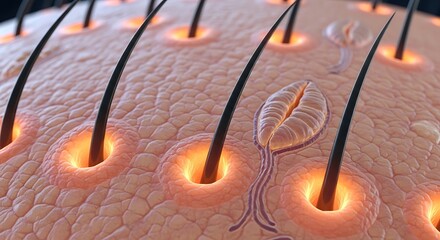 Close-Up of Human Skin with Hair Follicles and a Hair Strand Emerging in Micro Detail for Skin Care and Hair Growth Concepts